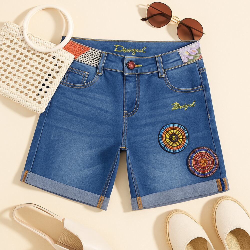 Desigual Beaded Patch Bermuda Denim Shorts – Size 28
